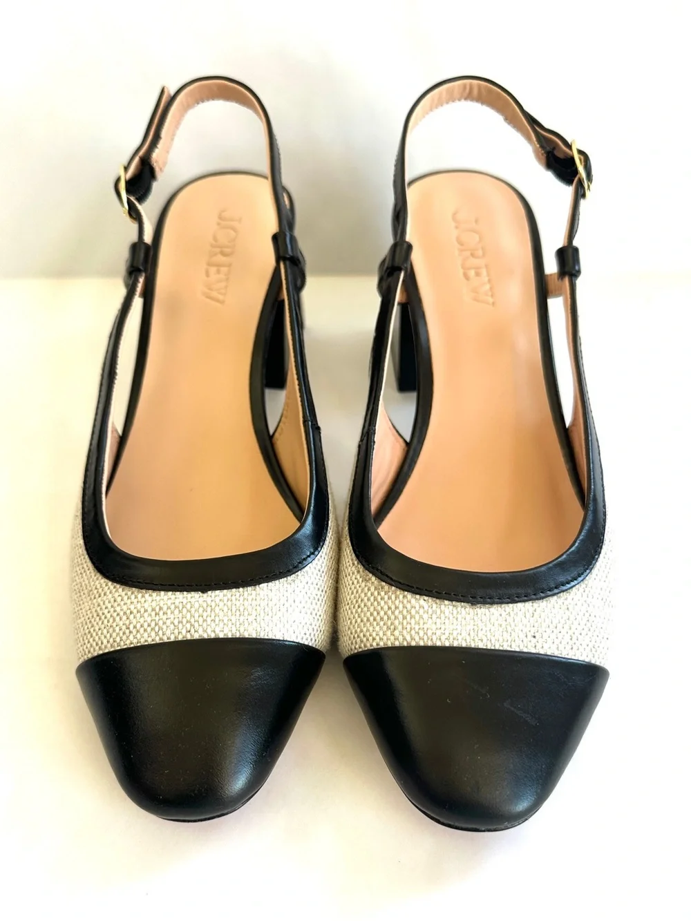 J.CREW MILLIE CAP-TOE ITALIAN LINEN/LEATHER BLOCK HEEL SLING BACK SHOES NEW Sz10
